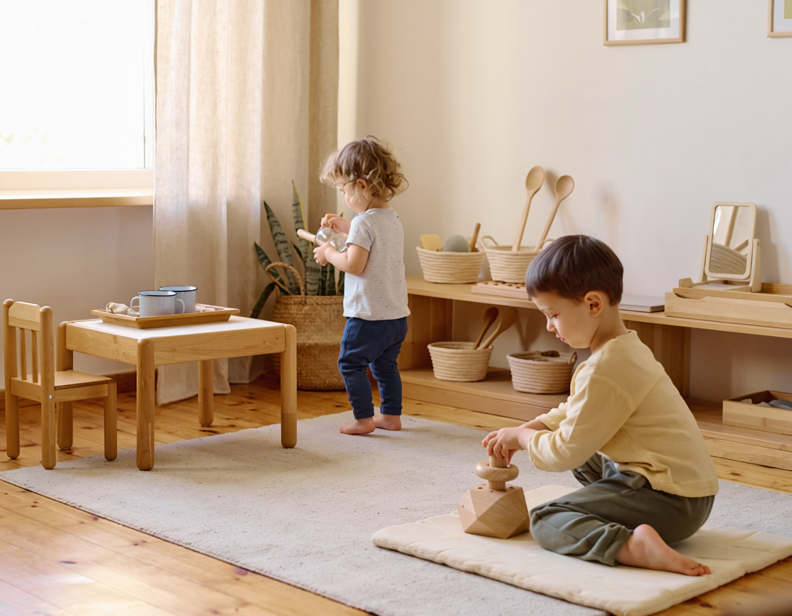 Chambre Montessori 12-18 mois : marche, puzzles en bois et premiere vie pratique